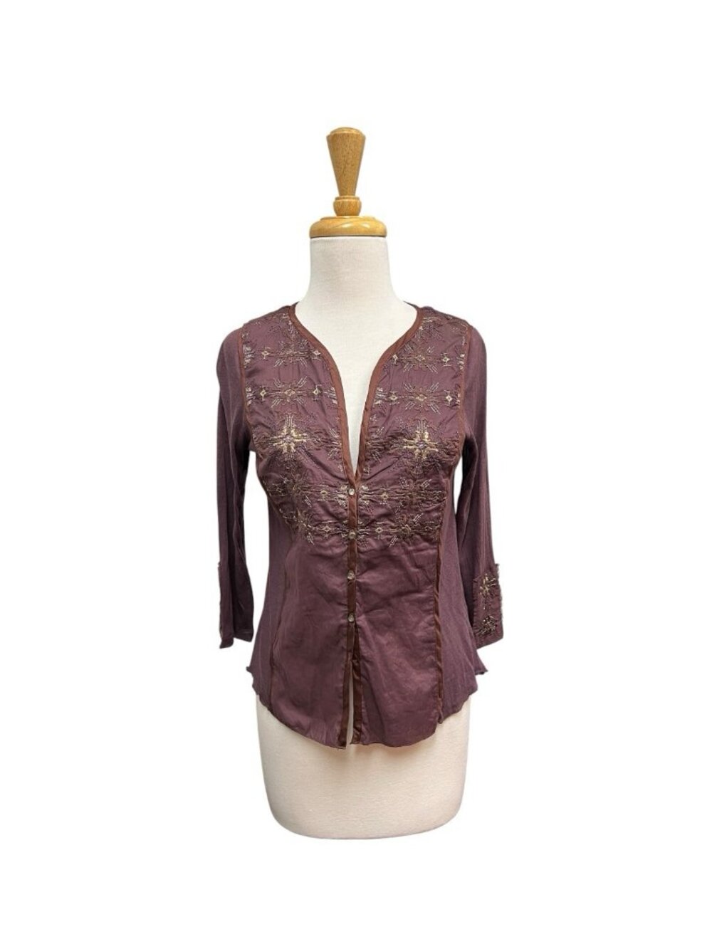 NEW TINY Anthropologie Embroidered Button Front Top Size P (Xs) Purple Blouse